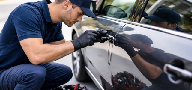 man is unlocking the door of car