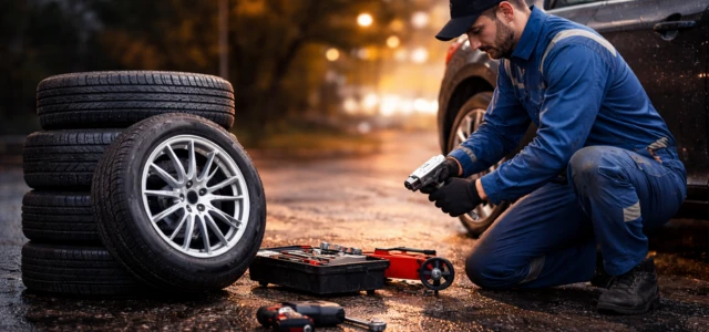 man is changing the tire on road side.